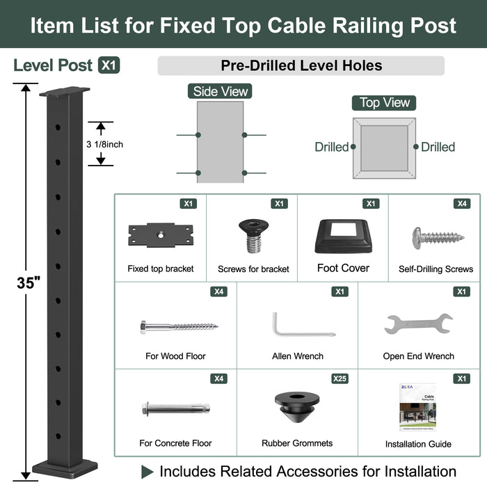 BLIKA 36" Level Drilled Cable Railing Post