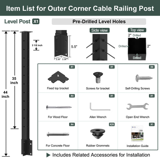 BLIKA 44" Overall Height Side Mount Outer Corner Post Specifications - Includes Mounting Brackets and Hardware for Wood and Concrete Floors-Black