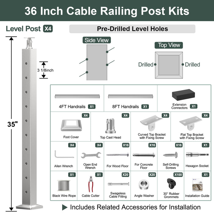 BLIKA 36'' & 42'' Brushed Stainless Steel Surface Mount Stair Cable Railing System DIY Kit (4FT - 20FT, Angled Drilled)