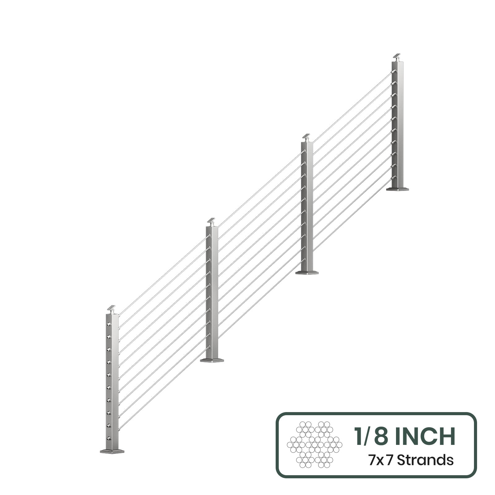 BLIKA 36'' & 42''  Brushed Stainless Steel Surface Mount Stair Cable Railing System DIY Kit (4FT - 20FT, Angled Drilled, No Handrail) - 1/8