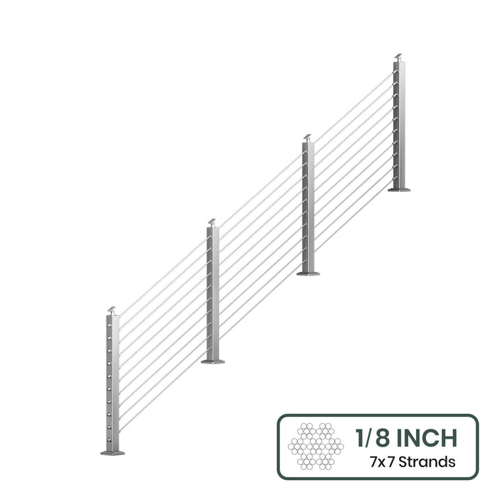 BLIKA 36'' & 42''  Brushed Stainless Steel Surface Mount Stair Cable Railing System DIY Kit (4FT - 20FT, Angled Drilled, No Handrail) - 1/8" Cable & Hardware