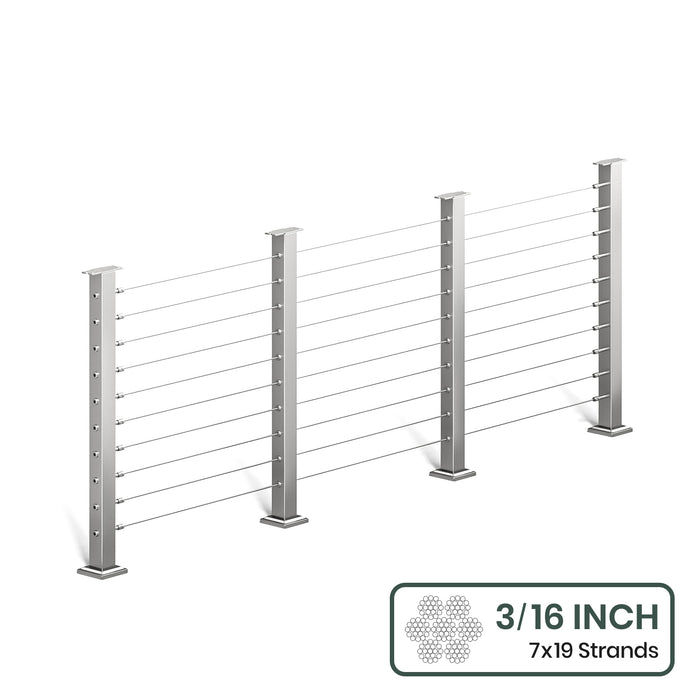 BLIKA 36'' & 42'' Brushed Stainless Steel Surface Mount Cable Railing System DIY Kit (4FT - 28FT, Level Drilled, No Handrail) - 3/16" Cable & Hardware