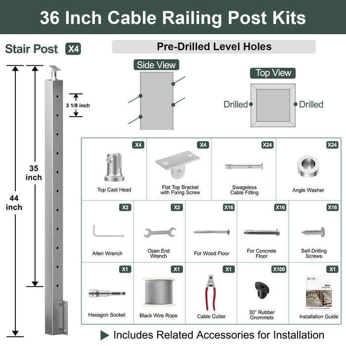 BLIKA 36'' & 42'' Brushed Stainless Steel Side Mount Stair Cable Railing System DIY Kit (4FT - 20FT,  No Handrail) - 1/8" Cable & Hardware