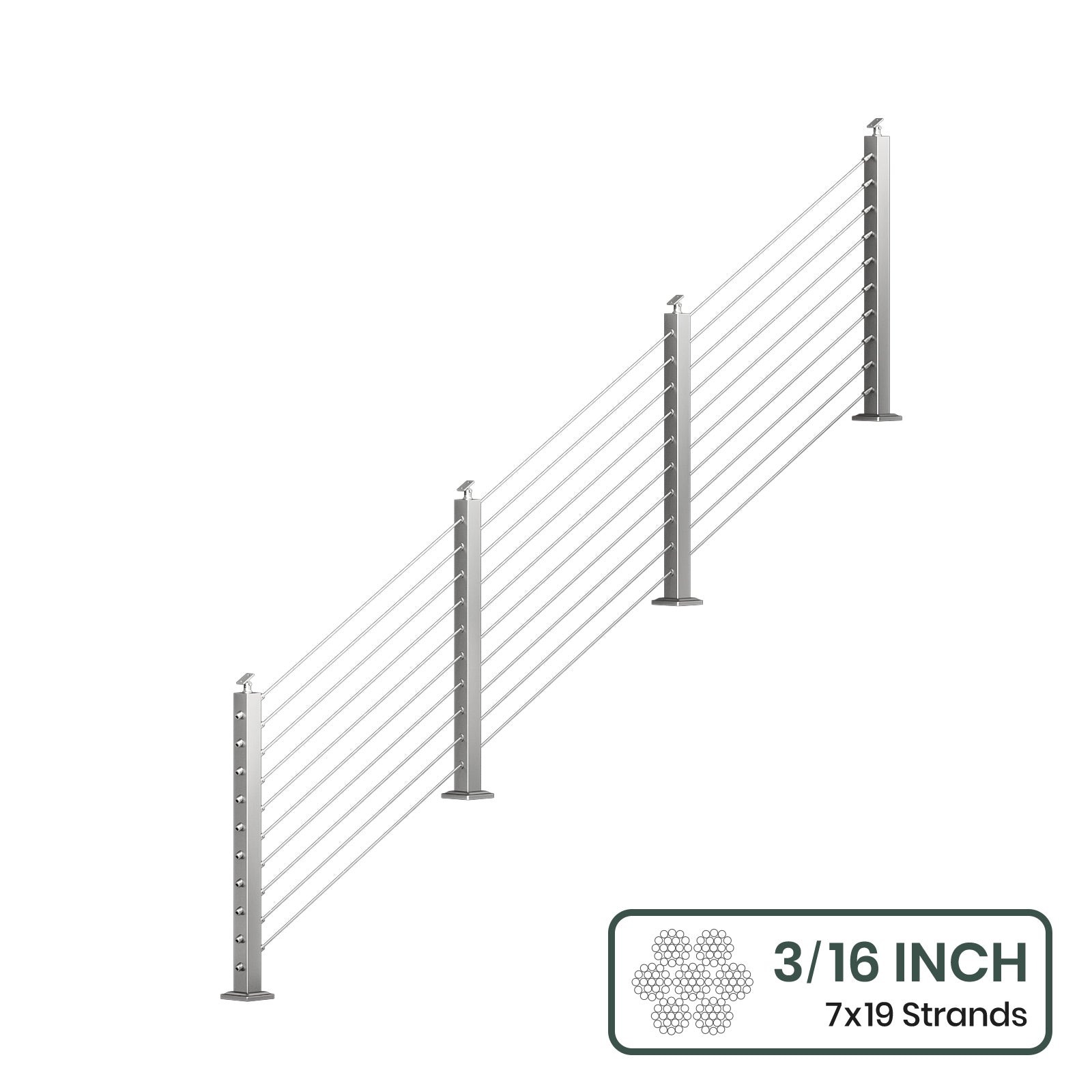 BLIKA 36'' & 42''  Brushed Stainless Steel Surface Mount Stair Cable Railing System DIY Kit (4FT - 20FT, Angled Drilled, No Handrail) - 3/16