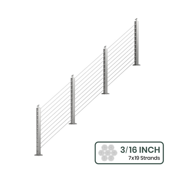 BLIKA 36'' & 42''  Brushed Stainless Steel Surface Mount Stair Cable Railing System DIY Kit (4FT - 20FT, Angled Drilled, No Handrail) - 3/16" Cable & Hardware