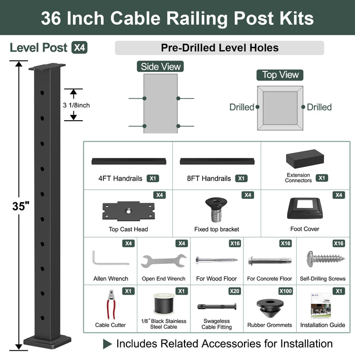 BLIKA 36'' & 42'' Black Surface Mount Cable Railing System DIY Kit (4FT - 28FT, Level Drilled, ) - 1/8" Cable & Hardware
