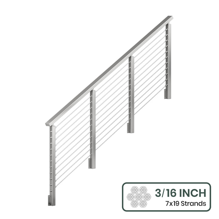 BLIKA 36'' & 42''  Brushed Stainless Steel Side Mount  Stair Cable Railing System DIY Kit (4FT - 20FT, Angled Drilled) - 3/16" Cable & Hardware