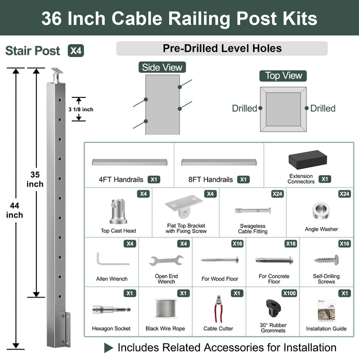 BLIKA 36'' & 42''  Brushed Stainless Steel Side Mount  Stair Cable Railing System DIY Kit (4FT - 20FT, Angled Drilled) - 1/8" Cable & Hardware