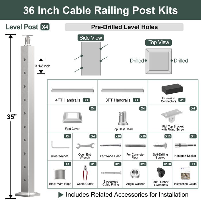BLIKA 36'' & 42'' Brushed Stainless Steel Surface Mount Stair Cable Railing System DIY Kit (4FT - 20FT, Angled Drilled) - 1/8" Cable & Hardware