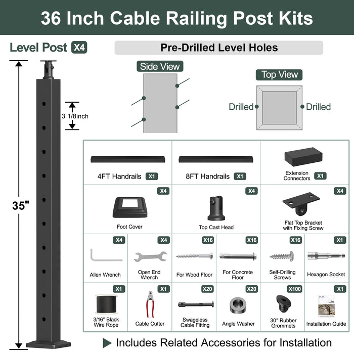 BLIKA 36'' & 42'' Black Surface Mount Stair Cable Railing System DIY Kit (4FT - 20FT, Angled Drilled) - 3/16" Cable & Hardware