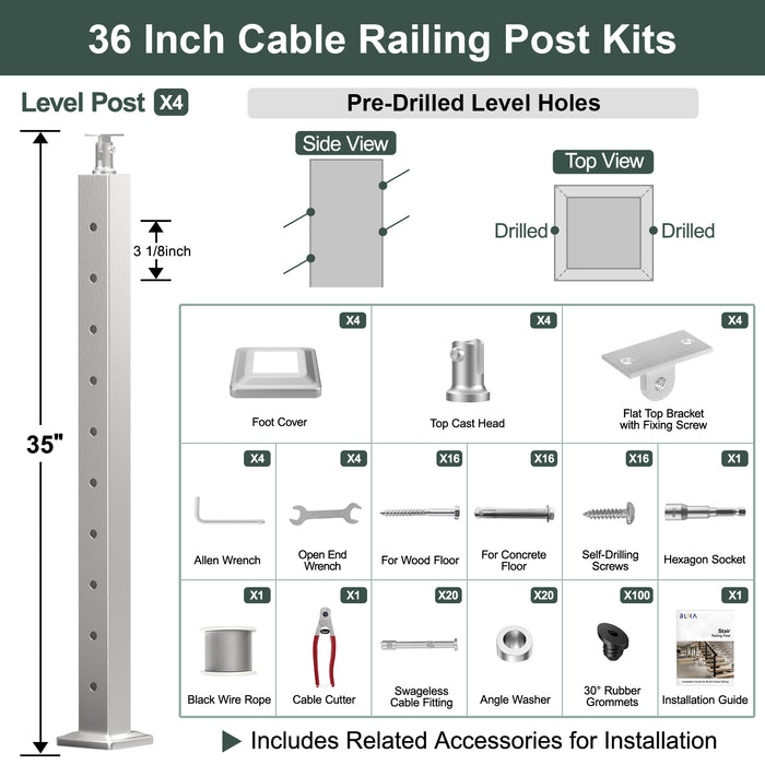BLIKA 36'' & 42''  Brushed Stainless Steel Surface Mount Stair Cable Railing System DIY Kit (4FT - 20FT, Angled Drilled, No Handrail) - 1/8" Cable & Hardware