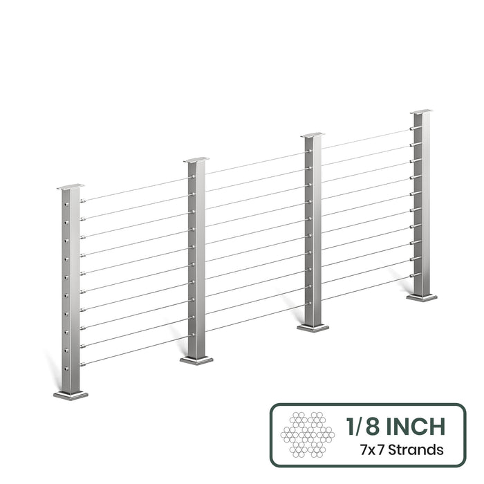 BLIKA 36'' & 42'' Brushed Stainless Steel Surface Mount Cable Railing System DIY Kit (4FT - 28FT, Level Drilled, No Handrail) - 1/8" Cable & Hardware