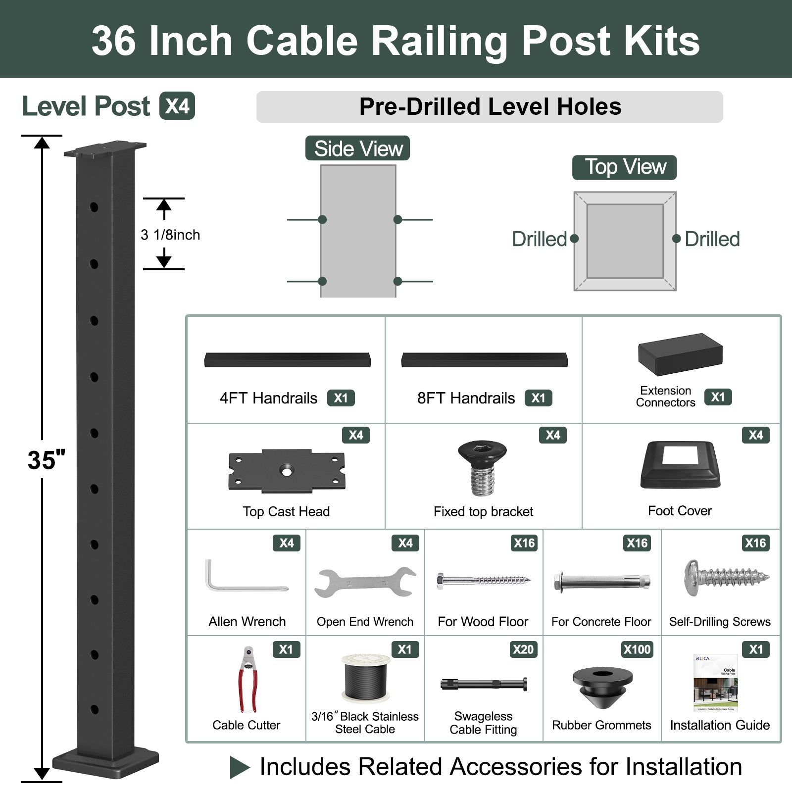 BLIKA 36'' & 42'' Black Surface Mount Cable Railing System DIY Kit (4FT - 28FT, Level Drilled, ) - 3/16