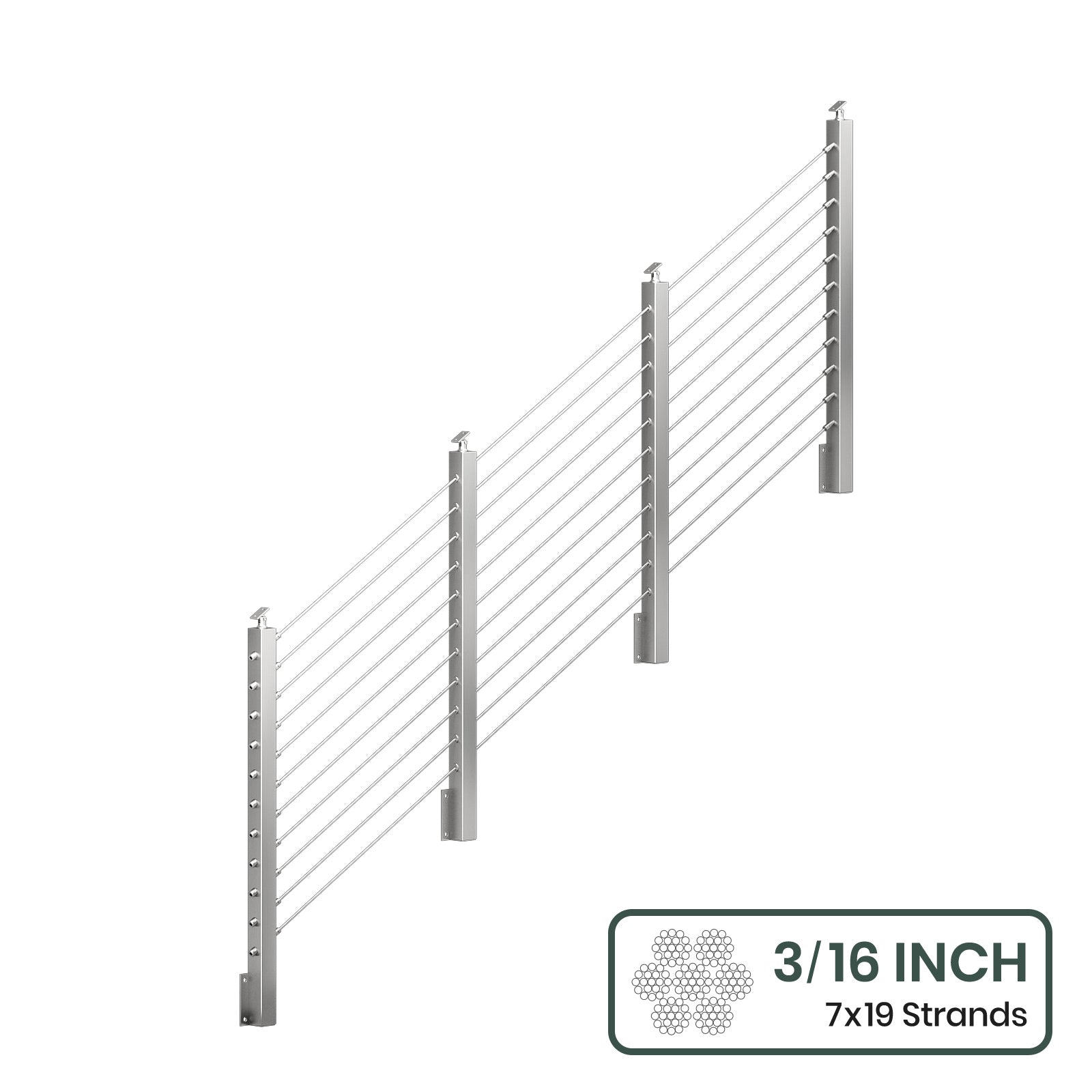 BLIKA 36'' & 42'' Brushed Stainless Steel Side Mount Stair Cable Railing System DIY Kit (4FT - 20FT,  No Handrail) - 3/16
