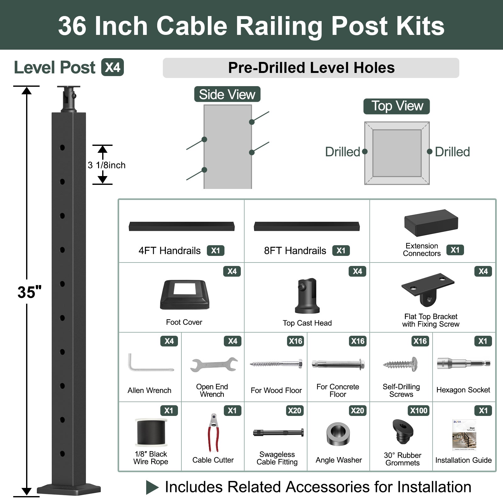 BLIKA 36'' & 42'' Black Surface Mount Stair Cable Railing System DIY Kit (4FT - 20FT, Angled Drilled) - 1/8