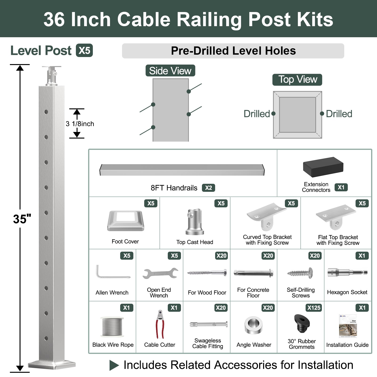 BLIKA 36'' & 42'' Brushed Stainless Steel Surface Mount Stair Cable Railing System DIY Kit (4FT - 20FT, Angled Drilled)