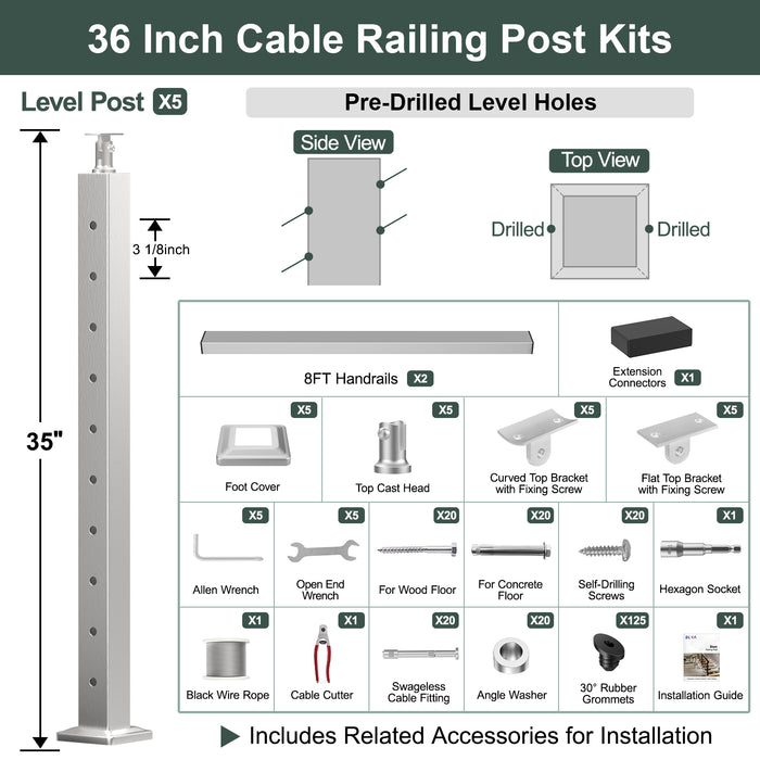 BLIKA 36'' & 42'' Brushed Stainless Steel Surface Mount Stair Cable Railing System DIY Kit (4FT - 20FT, Angled Drilled)