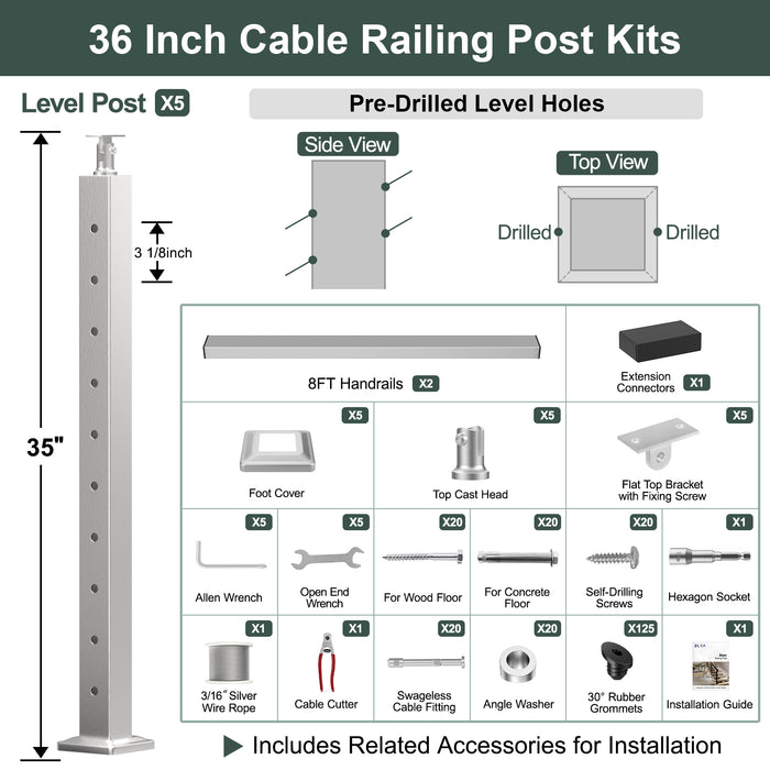 BLIKA 36'' & 42'' Brushed Stainless Steel Surface Mount Stair Cable Railing System DIY Kit (4FT - 20FT, Angled Drilled) - 3/16" Cable & Hardware