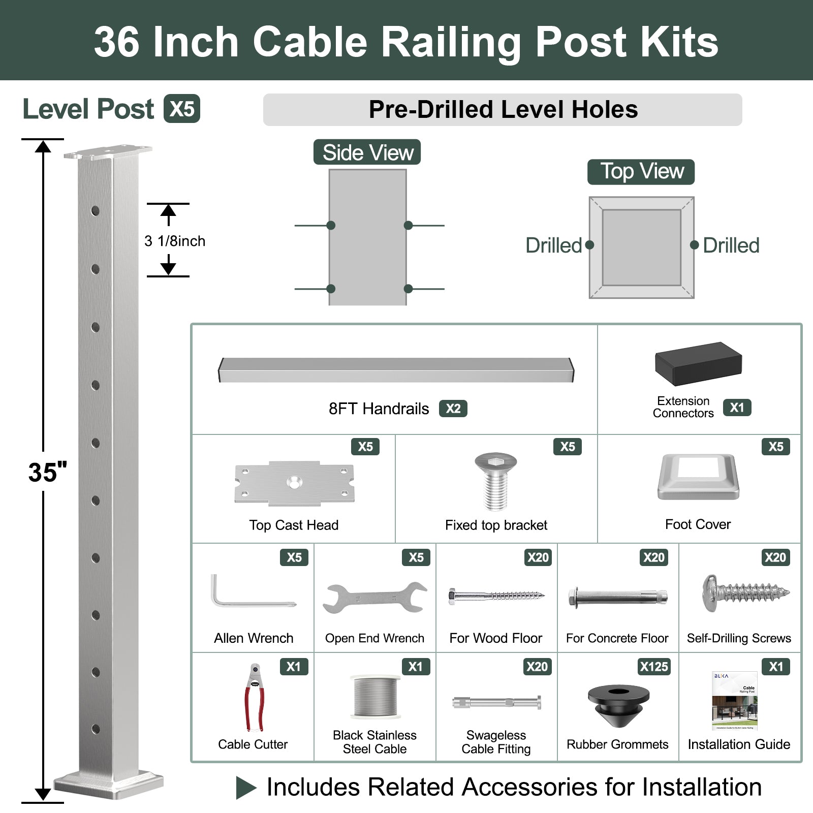 BLIKA 36'' & 42'' Brushed Stainless Steel Surface Mount Cable Railing System DIY Kit (4FT - 28FT, Level Drilled, )
