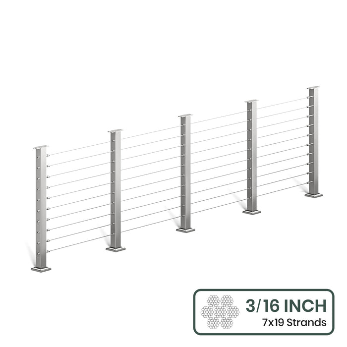 BLIKA 36'' & 42'' Brushed Stainless Steel Surface Mount Cable Railing System DIY Kit (4FT - 28FT, Level Drilled, No Handrail) - 3/16" Cable & Hardware