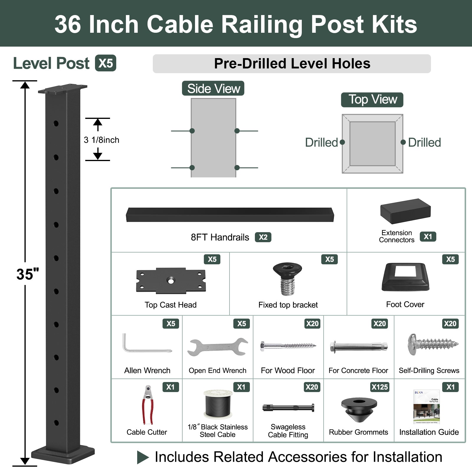 BLIKA 36'' & 42'' Black Surface Mount Cable Railing System DIY Kit (4FT - 28FT, Level Drilled, ) - 1/8