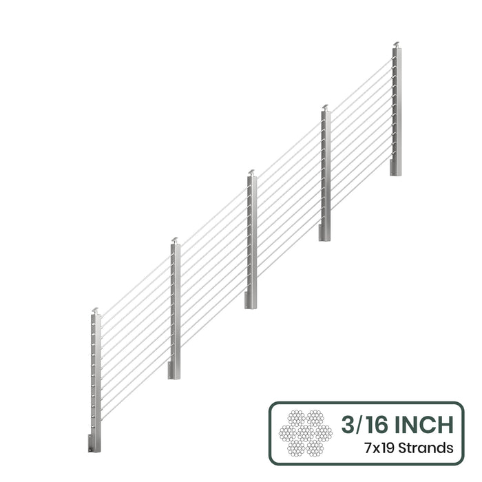 BLIKA 36'' & 42'' Brushed Stainless Steel Side Mount Stair Cable Railing System DIY Kit (4FT - 20FT,  No Handrail) - 3/16" Cable & Hardware