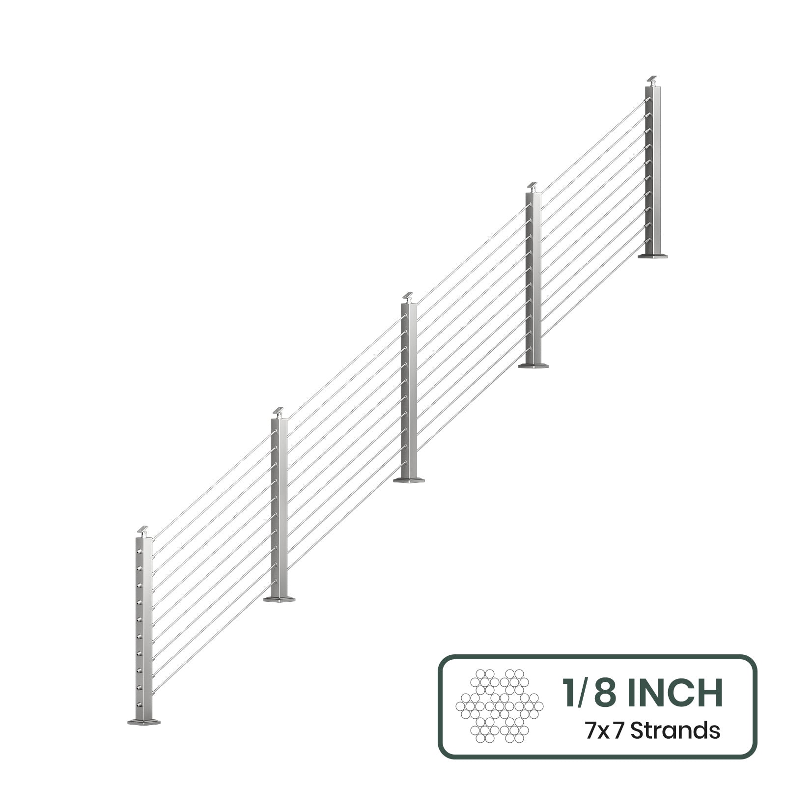 BLIKA 36'' & 42''  Brushed Stainless Steel Surface Mount Stair Cable Railing System DIY Kit (4FT - 20FT, Angled Drilled, No Handrail) - 1/8
