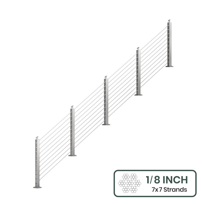 BLIKA 36'' & 42''  Brushed Stainless Steel Surface Mount Stair Cable Railing System DIY Kit (4FT - 20FT, Angled Drilled, No Handrail) - 1/8" Cable & Hardware