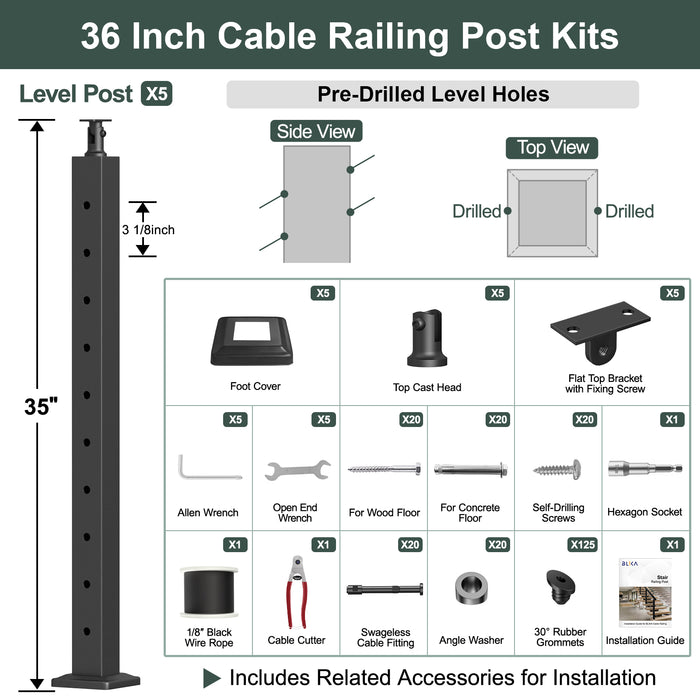 BLIKA 36'' & 42'' Black Surface Mount Stair Cable Railing System DIY Kit (4FT - 20FT, Angled Drilled, No Handrail) - 1/8" Cable & Hardware