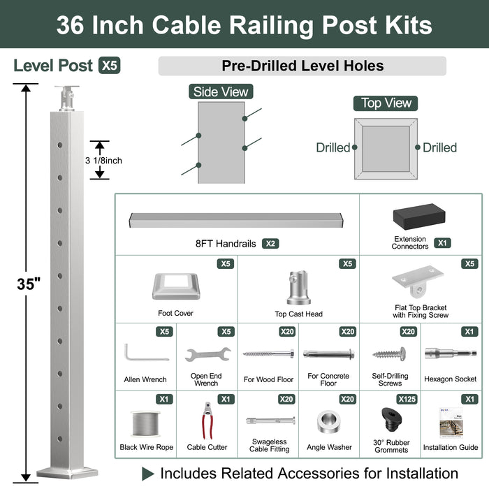 BLIKA 36'' & 42'' Brushed Stainless Steel Surface Mount Stair Cable Railing System DIY Kit (4FT - 20FT, Angled Drilled) - 1/8" Cable & Hardware