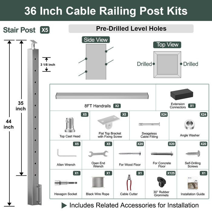 BLIKA 36'' & 42''  Brushed Stainless Steel Side Mount  Stair Cable Railing System DIY Kit (4FT - 20FT, Angled Drilled) - 1/8" Cable & Hardware