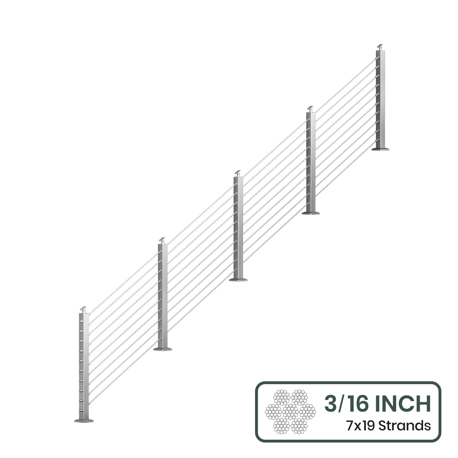 BLIKA 36'' & 42''  Brushed Stainless Steel Surface Mount Stair Cable Railing System DIY Kit (4FT - 20FT, Angled Drilled, No Handrail) - 3/16