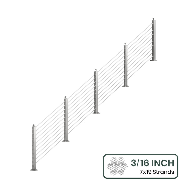 BLIKA 36'' & 42''  Brushed Stainless Steel Surface Mount Stair Cable Railing System DIY Kit (4FT - 20FT, Angled Drilled, No Handrail) - 3/16" Cable & Hardware