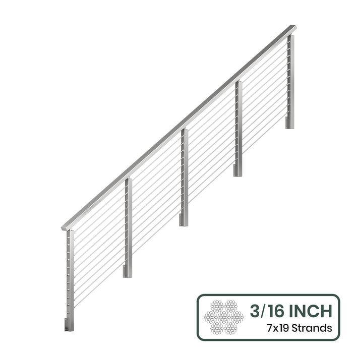 BLIKA 36'' & 42''  Brushed Stainless Steel Side Mount  Stair Cable Railing System DIY Kit (4FT - 20FT, Angled Drilled) - 3/16" Cable & Hardware