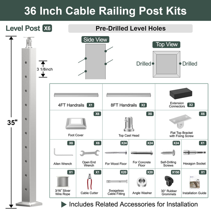 BLIKA 36'' & 42'' Brushed Stainless Steel Surface Mount Stair Cable Railing System DIY Kit (4FT - 20FT, Angled Drilled) - 3/16" Cable & Hardware