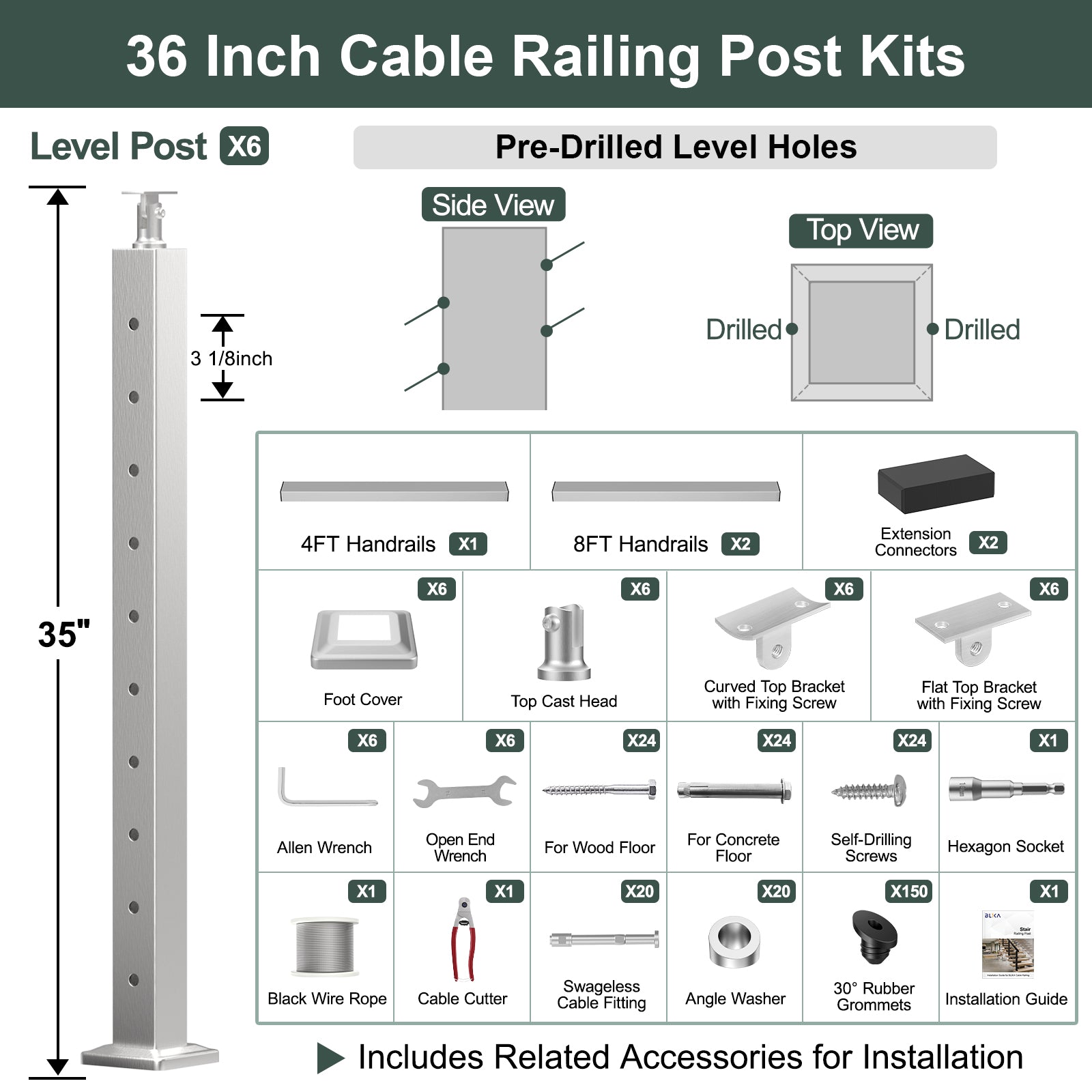 BLIKA 36'' & 42'' Brushed Stainless Steel Surface Mount Stair Cable Railing System DIY Kit (4FT - 20FT, Angled Drilled)