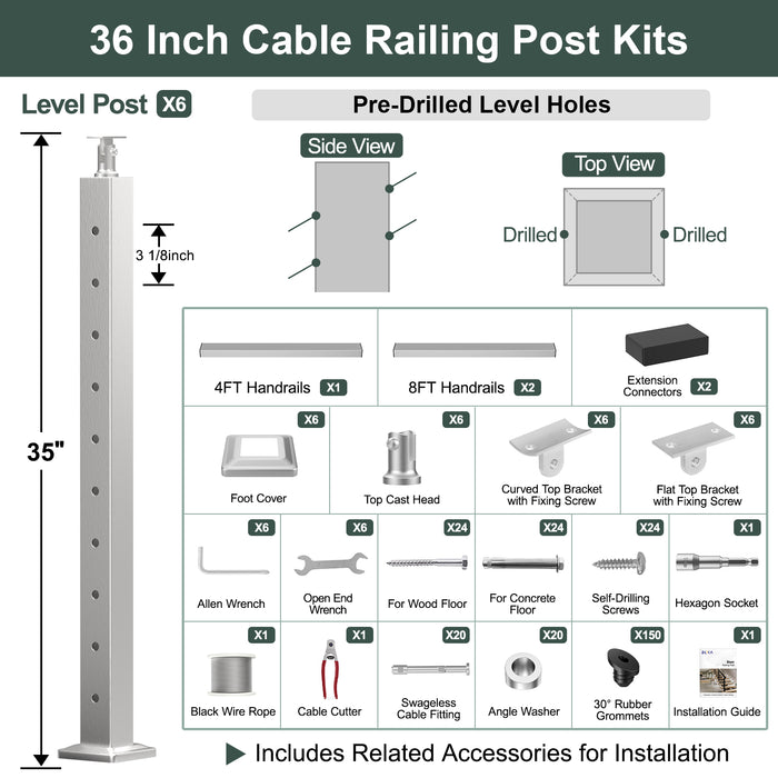 BLIKA 36'' & 42'' Brushed Stainless Steel Surface Mount Stair Cable Railing System DIY Kit (4FT - 20FT, Angled Drilled)