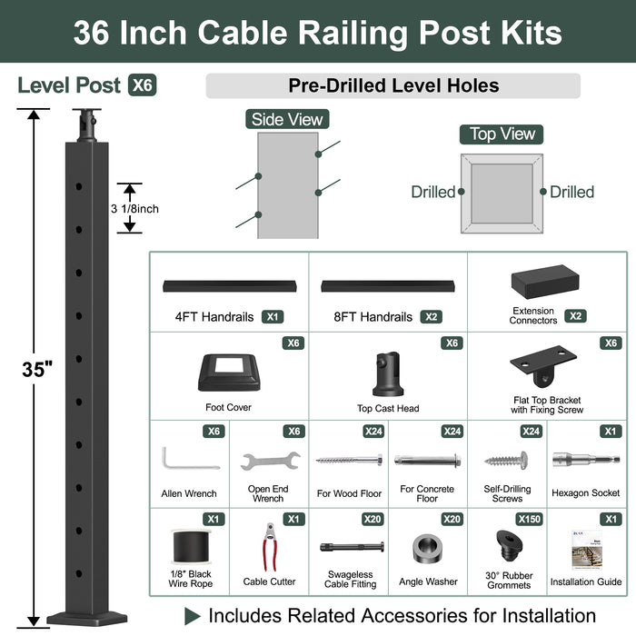 BLIKA 36'' Black Surface Mount Stair Cable Railing  DIY Kit with Invisible Crimp Fittings（No Handrail) - 1/8" Cable & Hardware
