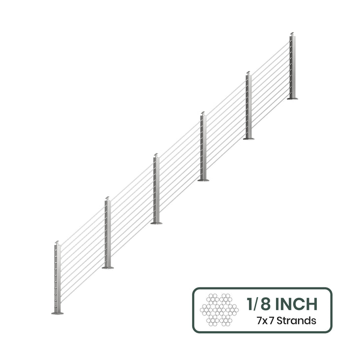 BLIKA 36'' & 42''  Brushed Stainless Steel Surface Mount Stair Cable Railing System DIY Kit (4FT - 20FT, Angled Drilled, No Handrail) - 1/8" Cable & Hardware