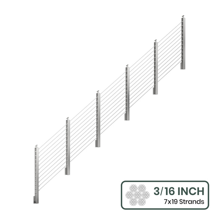 BLIKA 36'' & 42'' Brushed Stainless Steel Side Mount Stair Cable Railing System DIY Kit (4FT - 20FT,  No Handrail) - 3/16" Cable & Hardware
