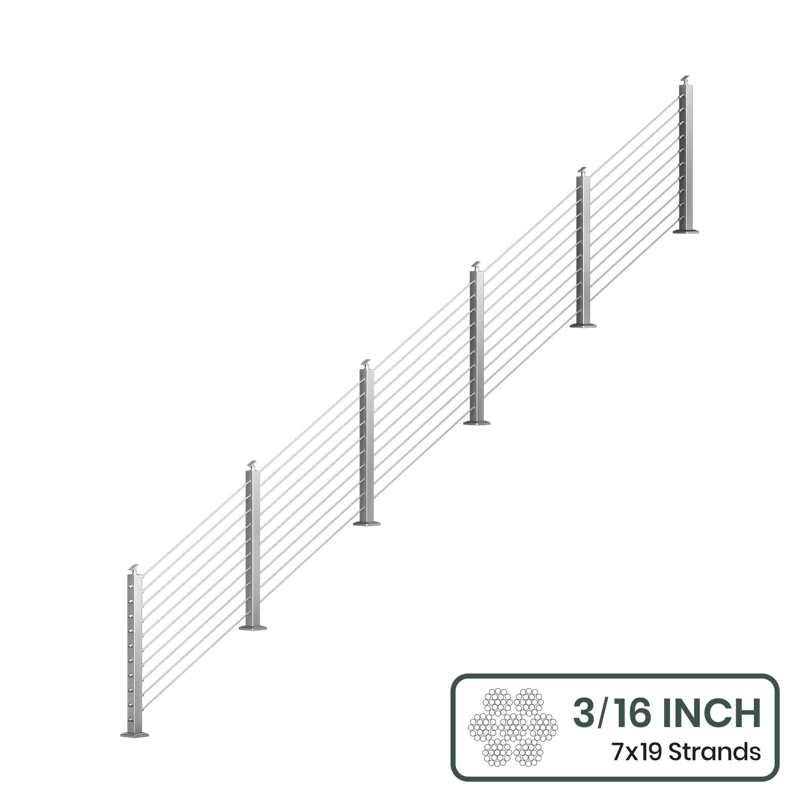 BLIKA 36'' & 42''  Brushed Stainless Steel Surface Mount Stair Cable Railing System DIY Kit (4FT - 20FT, Angled Drilled, No Handrail) - 3/16