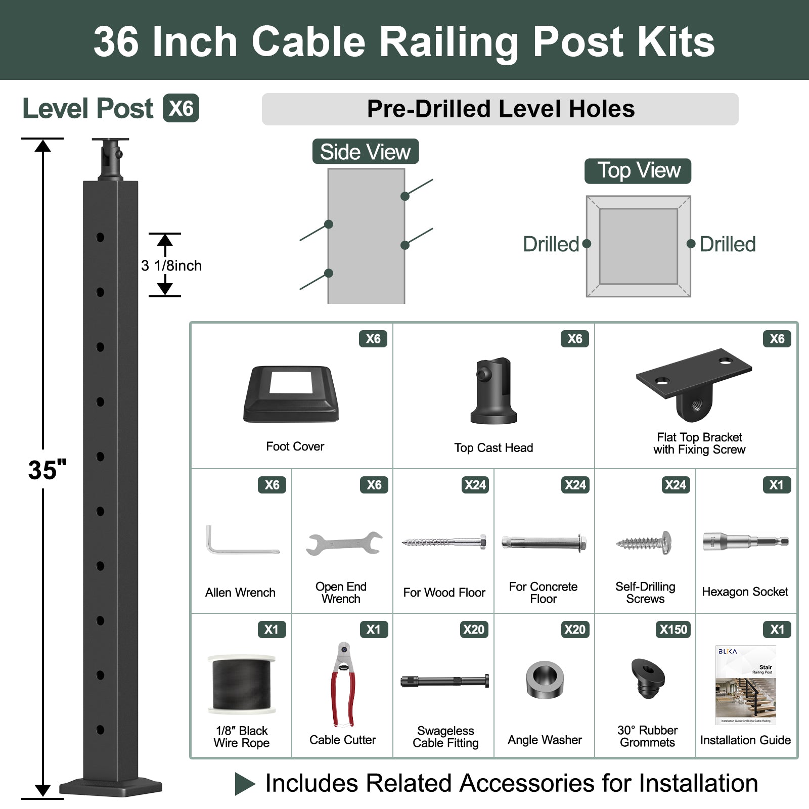 BLIKA 36'' & 42'' Black Surface Mount Stair Cable Railing System DIY Kit (4FT - 20FT, Angled Drilled, No Handrail) - 1/8