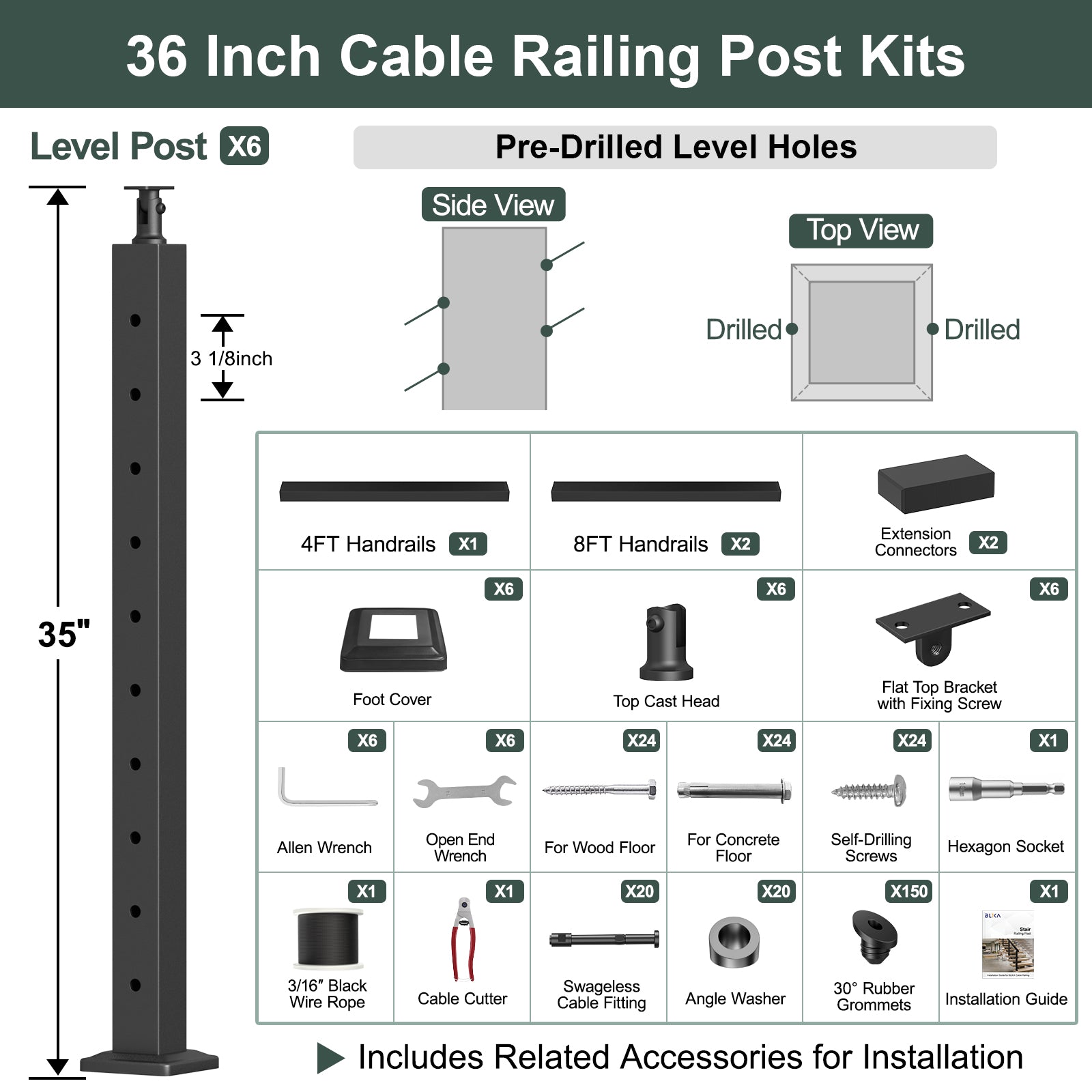 BLIKA 36'' & 42'' Black Surface Mount Stair Cable Railing System DIY Kit (4FT - 20FT, Angled Drilled) - 3/16