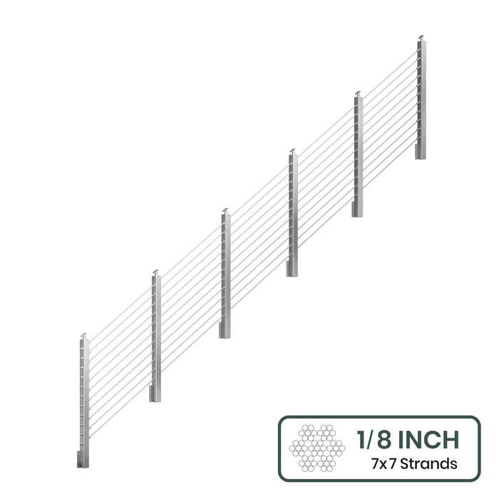 BLIKA 36'' & 42'' Brushed Stainless Steel Side Mount Stair Cable Railing System DIY Kit (4FT - 20FT,  No Handrail) - 1/8" Cable & Hardware