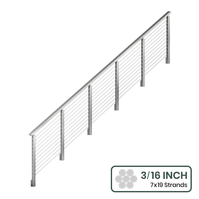 BLIKA 36'' & 42''  Brushed Stainless Steel Side Mount  Stair Cable Railing System DIY Kit (4FT - 20FT, Angled Drilled) - 3/16" Cable & Hardware