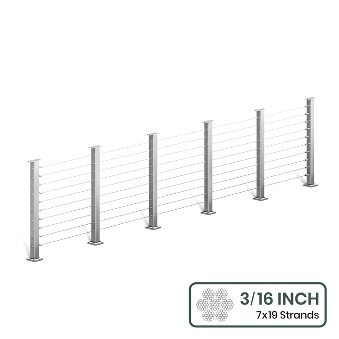 BLIKA 36'' & 42'' Brushed Stainless Steel Surface Mount Cable Railing System DIY Kit (4FT - 28FT, Level Drilled, No Handrail) - 3/16" Cable & Hardware