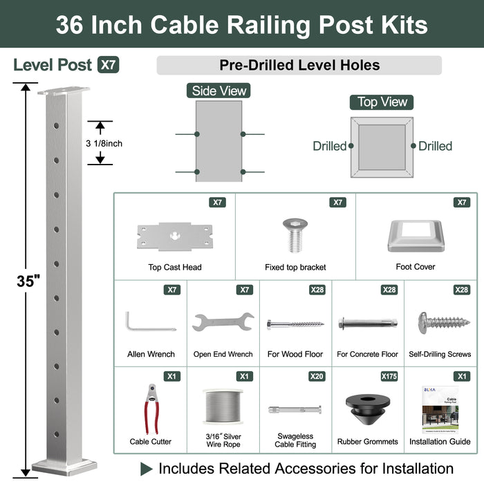 BLIKA 36'' & 42'' Brushed Stainless Steel Surface Mount Cable Railing System DIY Kit (4FT - 28FT, Level Drilled, No Handrail) - 3/16" Cable & Hardware