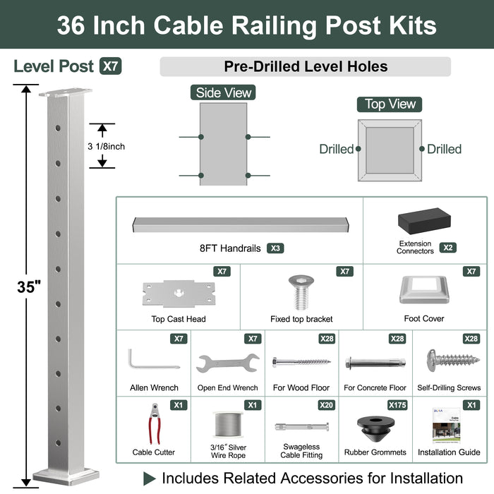 BLIKA 36'' & 42'' Brushed Stainless Steel Surface Mount Cable Railing System DIY Kit (4FT - 28FT, Level Drilled, ) - 3/16" Cable & Hardware