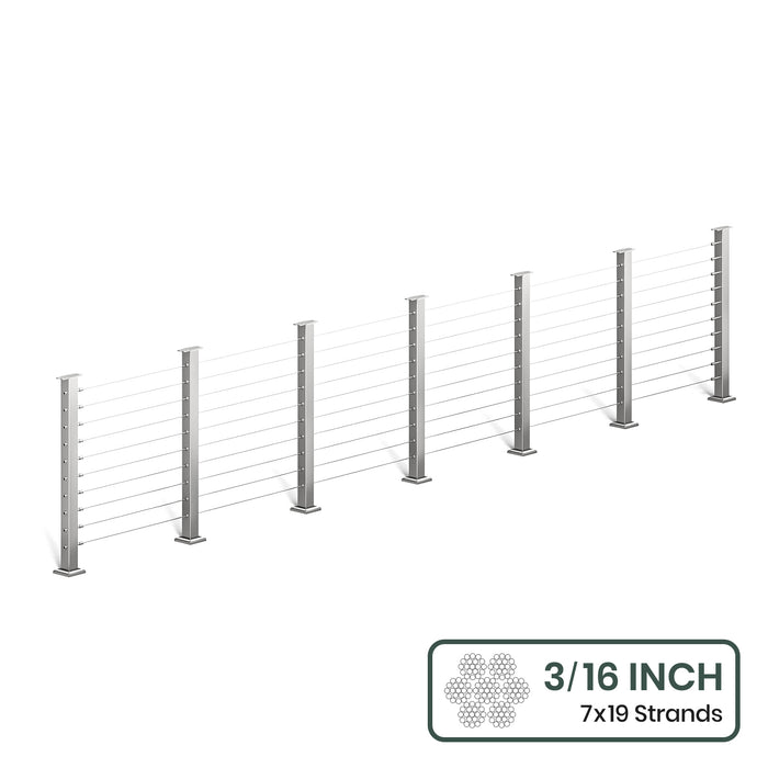 BLIKA 36'' & 42'' Brushed Stainless Steel Surface Mount Cable Railing System DIY Kit (4FT - 28FT, Level Drilled, No Handrail) - 3/16" Cable & Hardware