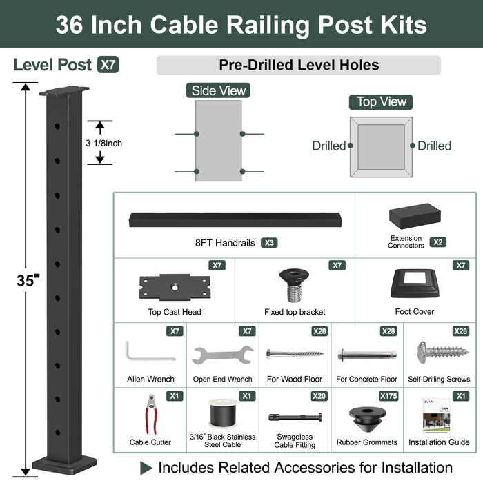 BLIKA 36'' & 42'' Black Surface Mount Cable Railing System DIY Kit (4FT - 28FT, Level Drilled, ) - 3/16" Cable & Hardware